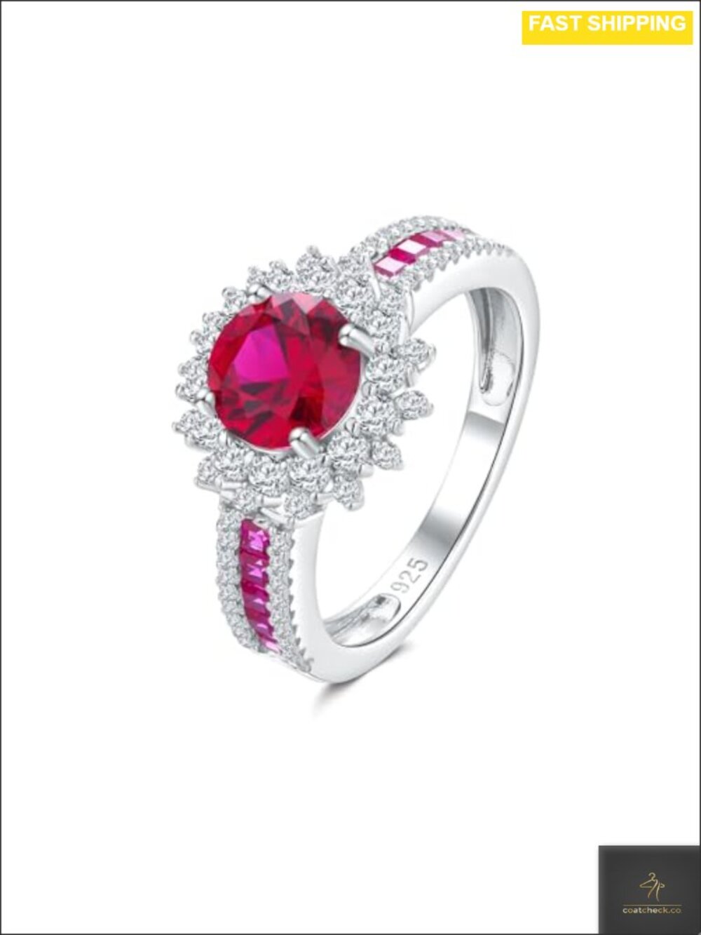 Sterling Silver White Gold Plated Halo Engagement Ring Round Created Ruby